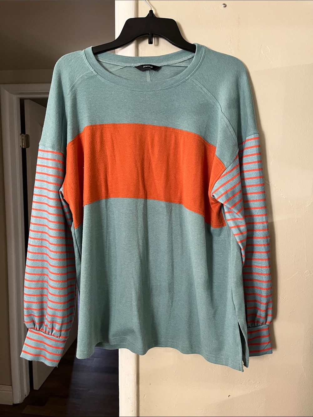 Light Blue & Orange Striped Women's Pullover Sweatshirt